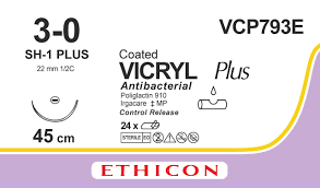 Викрил Плюс (Vicryl Plus) 3/0, 8 шт. по 45см, кол. игла 22мм VCP793E