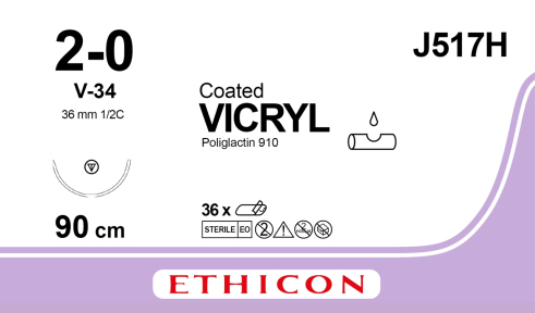 Викрил (Vicryl) 2/0, длина 90см, кол-реж. игла 36мм J517H