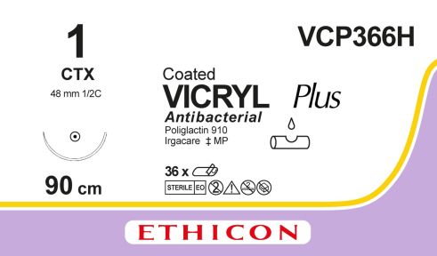 Вікрил Плюс (Vicryl Plus) 1, довжина 90см, кол. голка 48мм VCP366H