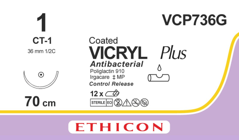 Викрил Плюс (Vicryl Plus) 1, 4шт. по 70см, кол. игла 36мм VCP736G