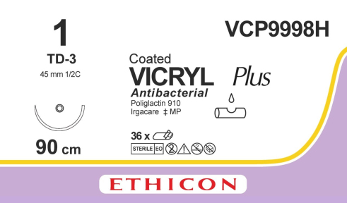 Вікрил Плюс (Vicryl Plus) 1, довжина 90см, тупокінцева голка 45мм VCP9998H