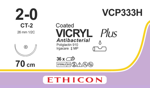 Викрил Плюс (Vicryl Plus) 2/0, длина 70см, кол. игла 26мм VCP333H