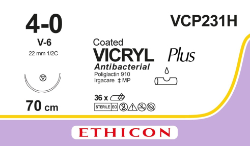 Вікрил Плюс (Vicryl Plus) 4/0, довжина 70см, кол-ріж. голка 22мм VCP231H