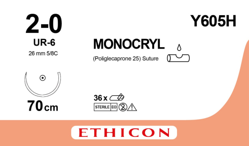 Монокрил (Monocryl) 2/0, длина 70см, кол. игла 26мм Y605H