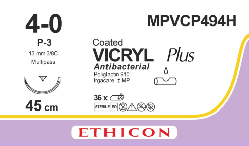 Викрил Плюс (Vicryl Plus) 4/0, длина 45см, обр-реж. игла 13мм MPVCP494H