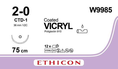 Вікрил (Vicryl) 2/0, довжина 75см, тупокінцева голка 36мм W9985