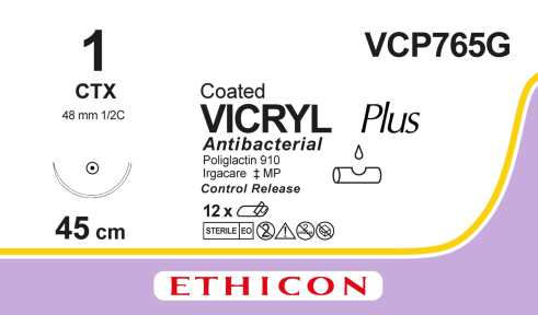 Викрил Плюс (Vicryl Plus) 1, 8 шт. по 45см, кол. игла 48мм VCP765G