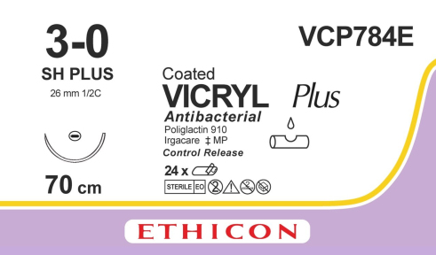 Вікрил Плюс (Vicryl Plus) 3/0, 8шт. по 70см, кол. голка 26мм VCP784E