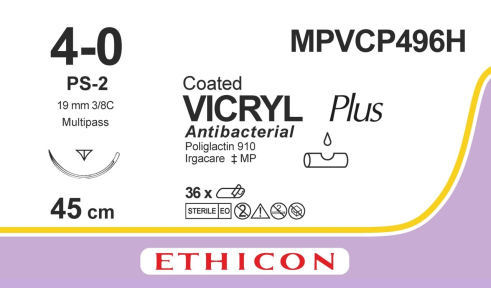 Викрил Плюс (Vicryl Plus) 4/0, длина 45см, обр-реж. игла 19мм MPVCP496H