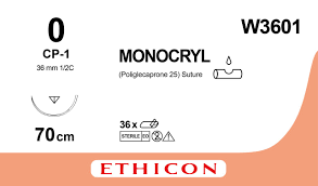Монокрил (Monocryl) 0, длина 70см, обр-реж. игла 36мм W3601