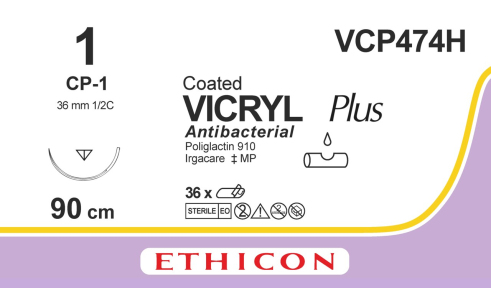 Викрил Плюс (Vicryl Plus) 1, длина 90см, обр-реж. игла 36мм VCP474H