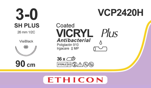 Викрил Плюс (Vicryl Plus) 3/0, длина 90см, кол. игла 26мм Visi Black VCP2420H