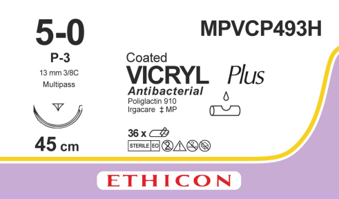 Викрил Плюс (Vicryl Plus) 5/0, длина 45см, обр-реж. игла 13мм MPVCP493H