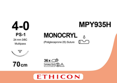 Монокрил (Monocryl) 4/0, довжина 70см, зв-ріж. голка 24мм MPY935H