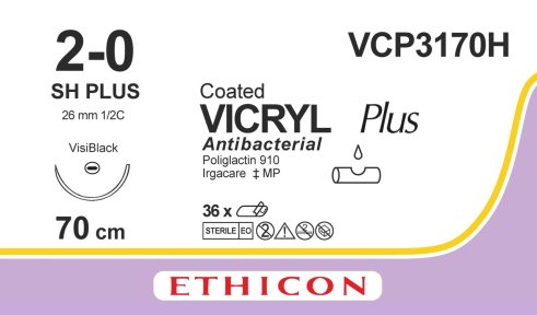Викрил Плюс (Vicryl Plus) 2/0, длина 70см, кол. игла 26мм Visi Black VCP3170H