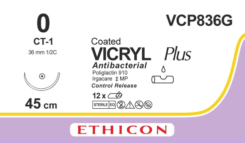 Викрил Плюс (Vicryl Plus) 0, 4шт. по 45см, кол. игла 36мм VCP836G