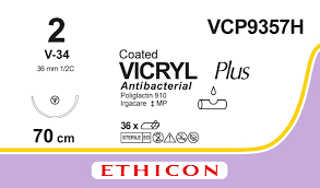 Вікрил Плюс (Vicryl Plus) 2, довжина 70см, кол-ріж. голка 36мм VCP9357H