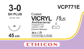 Викрил Плюс (Vicryl Plus) 3/0, 8 шт. по 45см, кол. игла 26мм VCP771E