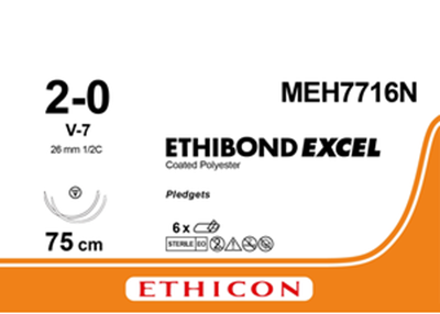 Этибонд Эксель (Ethibond Excel) 2/0, PTFE 8шт по 75см, 2 кол-реж. иглы 26мм MEH7716N