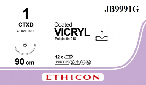 Вікрил (Vicryl) 1, довжина 90см, тупоконечна голка 48мм Ethiguard JB9991G