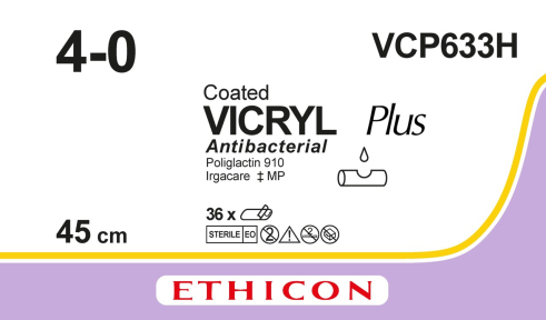 Викрил Плюс (Vicryl Plus) 4/0, 3шт. по 45см, без иглы VCP633H
