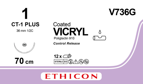 Вікрил (Vicryl) 1, 4 шт. по 70см, кол. голка 36мм V736G