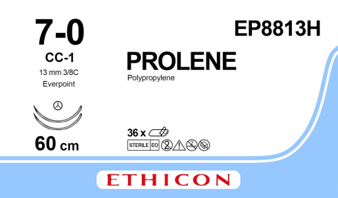 Пролен (Prolene) 7/0, длина 60см, 2 кол-реж. иглы 13мм CC-1 Everpoint EP8813H
