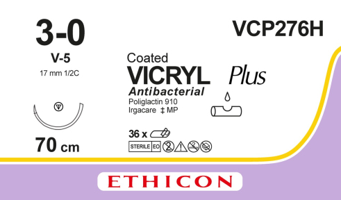 Викрил Плюс (Vicryl Plus) 3/0, длина 70см, кол-реж. игла 17мм VCP276H