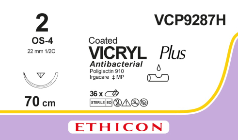 Викрил Плюс (Vicryl Plus) 2, длина 70см, обр-реж. игла 22мм VCP9287H