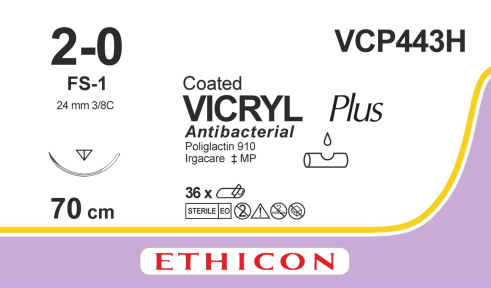 Викрил Плюс (Vicryl Plus) 2/0, длина 70см, обр-реж. игла 24мм VCP443H