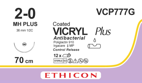 Викрил Плюс (Vicryl Plus) 2/0, 8шт. по 70см, кол. игла 36мм VCP777G