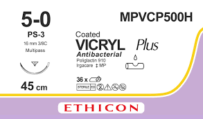 Викрил Плюс (Vicryl Plus) 5/0, длина 45см, обр-реж. игла 16мм MPVCP500H