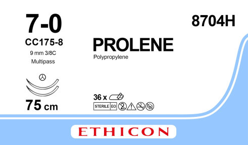 Пролен (Prolene) 7/0, длина 75см, 2 кол-реж. иглы 9,3мм 8704H