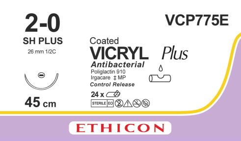 Викрил Плюс (Vicryl Plus) 2/0, 8 шт. по 45см, кол. игла 26мм VCP775E