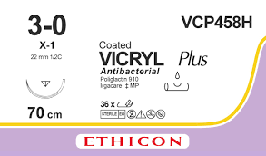 Викрил Плюс (Vicryl Plus) 3/0, длина 70см, обр-реж. игла 22мм VCP458H