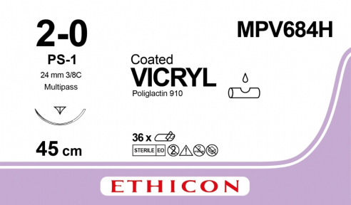 Вікрил (Vicryl) 2/0, довжина 45см, зв-ріж. голка 24мм MPV684H