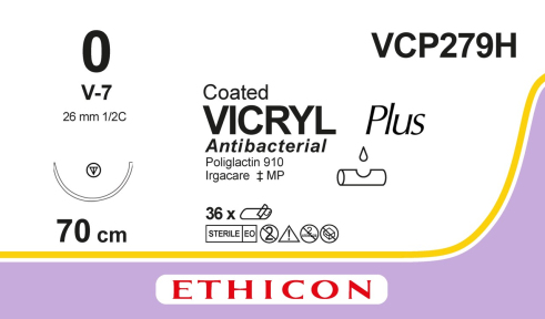 Вікрил Плюс (Vicryl Plus) 0, довжина 70см, кол-ріж. голка 26мм VCP279H