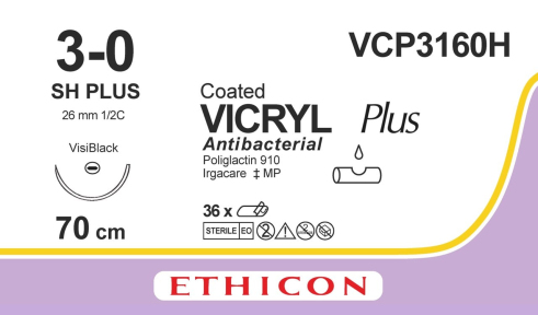 Викрил Плюс (Vicryl Plus) 3/0, длина 70см, кол. игла 26мм Visi Black VCP3160H