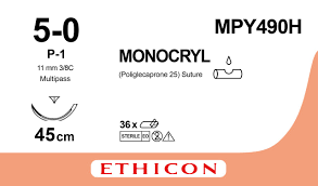 Монокрил (Monocryl) 5/0, длина 45см, обр-реж. игла 11мм MPY490H
