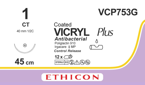 Викрил Плюс (Vicryl Plus) 1, 8 шт. по 45см, кол. игла 40мм VCP753G
