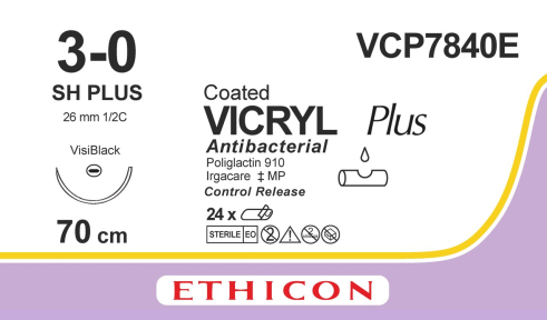 Викрил Плюс (Vicryl Plus) 3/0, 8шт. по 70см, кол. игла 26мм Visi Black VCP7840E