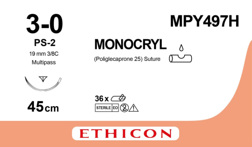 Монокрил (Monocryl) 3/0, длина 45см, обр-реж. игла 19мм Prime MP MPY497H