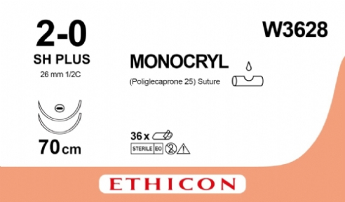 Монокрил (Monocryl) 2/0, довжина 70см, 2 кол. голки 26мм W3628