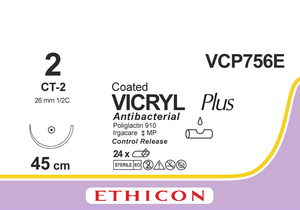 Викрил Плюс (Vicryl Plus) 2, 4шт. по 45см, кол. игла 26мм VCP756E