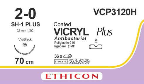 Викрил Плюс (Vicryl Plus) 2/0, длина 70см, кол. игла 22мм Visi Black VCP3120H