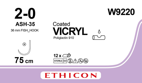 Вікрил (Vicryl) 2/0, довжина 75см, кол. голка 36мм W9220
