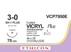 Викрил Плюс (Vicryl Plus) 3/0, 8шт. по 70см, кол. игла 22мм Visi Black VCP7950E