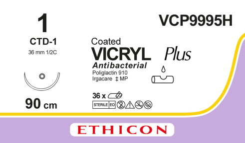 Викрил Плюс (Vicryl Plus) 1, длина 90см, тупоконечная игла 36мм VCP9995H