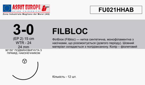 Филблок (Filbloc) 3/0, длина 25см, кол. игла 90°/50° 26мм FU021HHAB
