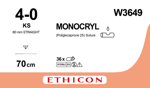 Монокрил (Monocryl) 4/0, довжина 70см, пряма ріж. голка 60мм W3649